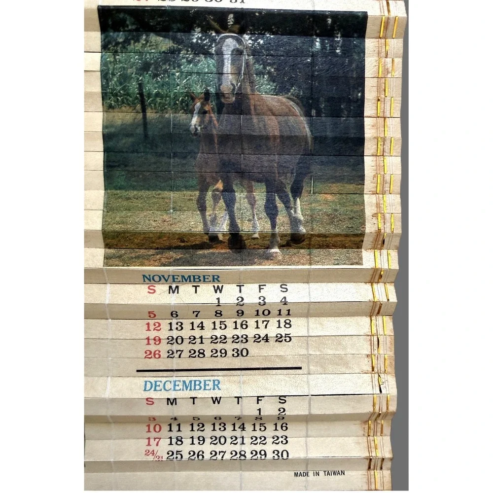 Vintage 1988-1989 Bamboo Slatted Double-Sided HORSE Calendar Roll 31.5